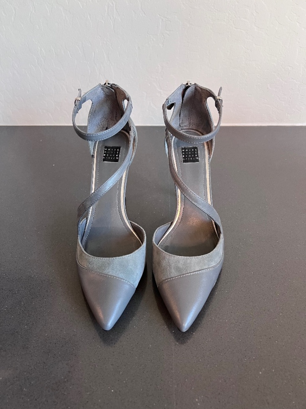 White House Black Market Gray Pointed-Toe Strappy Heels